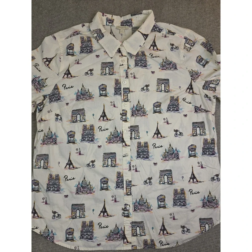 Talbots Womens White Paris Arch Eiffel Tower Notre-Dame Shirt XL Button Down
